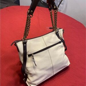 Rioni Quadra Chained Cream and Brown Tote Handbag